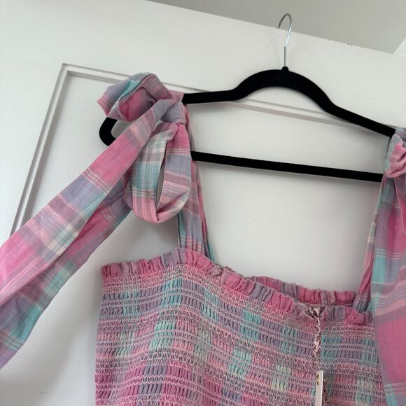 NWT LoveShackFancy Belle Mini Dress Pink Plaid Large Tie Shoulder Straps Smocked - Picture 7 of 10
